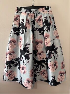 ANGL Floral A-Line Midi Skirt in Light Blue, Pink and Black